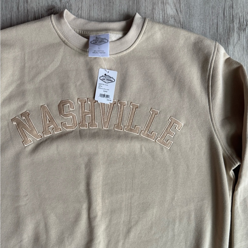 Nashville Tennessee Tan Sand Embroidered Cotton Blend Crewneck Sweatshirt L NEW - Picture 3 of 7